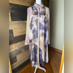 B Studio Art Cow Bull Farm Animal Sheer Long Button Down Cardigan Dress Size XL